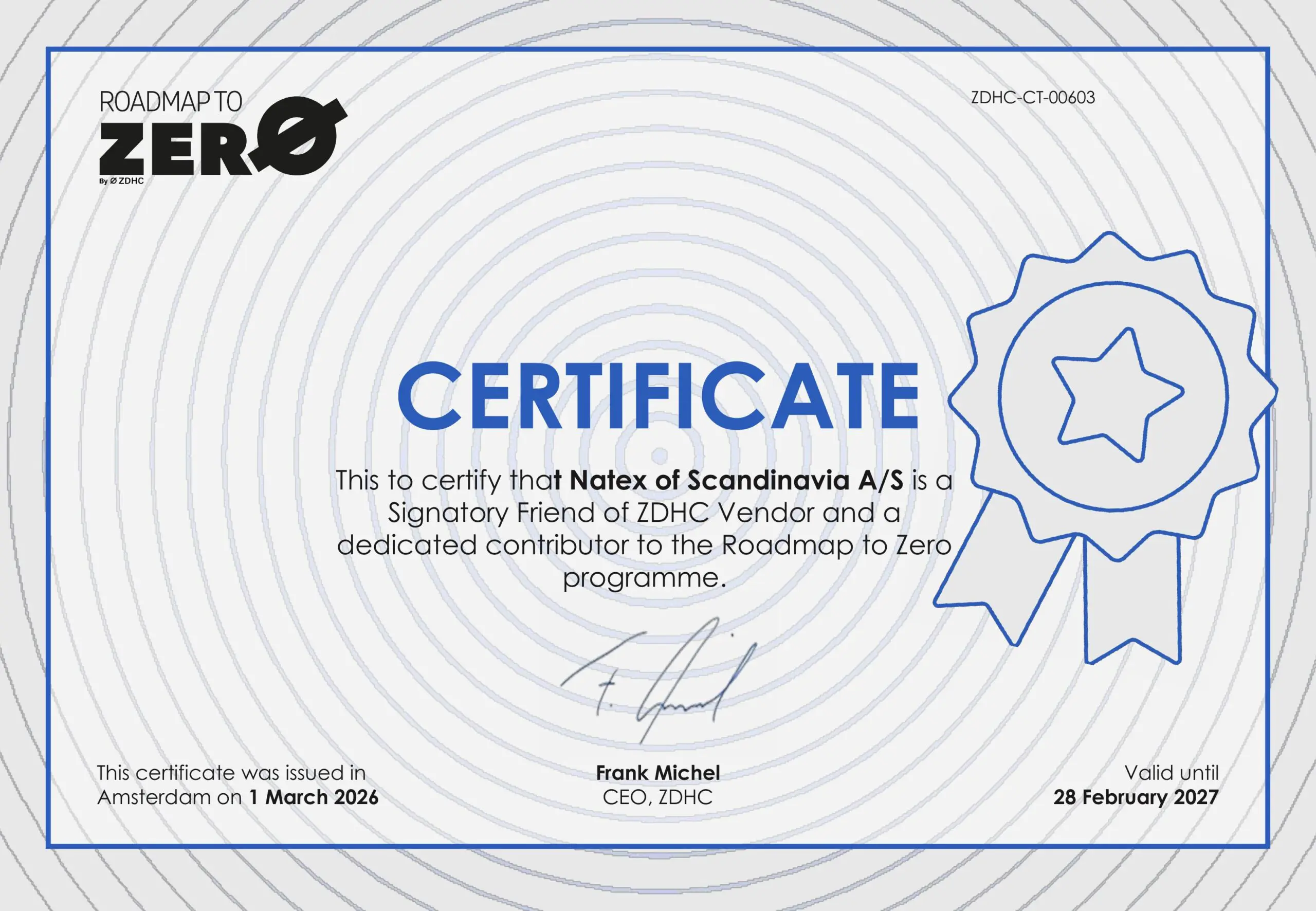 ZDHC 2026 certificate for Natex